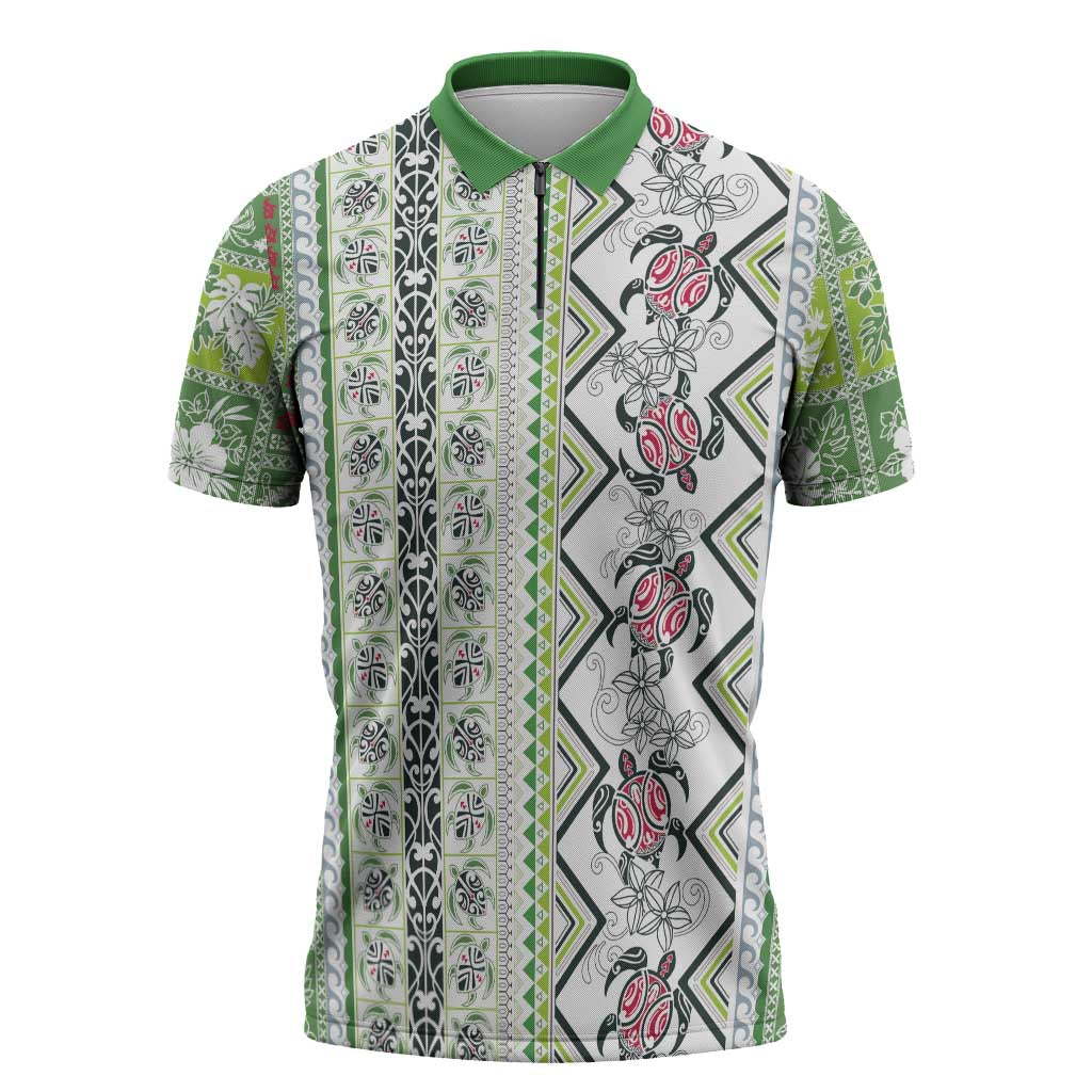 Hawaii Makahiki Turtle Zipper Polo Shirt Green Tapa Pattern LT05 Green - Polynesian Pride
