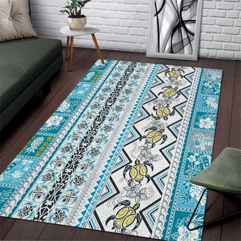Hawaii Makahiki Turtle Area Rug Blue Tapa Pattern LT05 Blue - Polynesian Pride