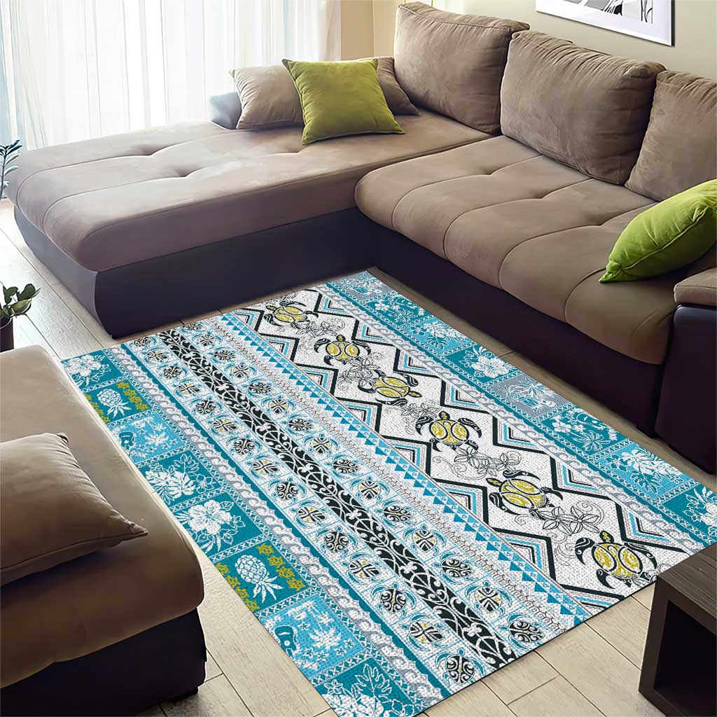 Hawaii Makahiki Turtle Area Rug Blue Tapa Pattern LT05 - Polynesian Pride