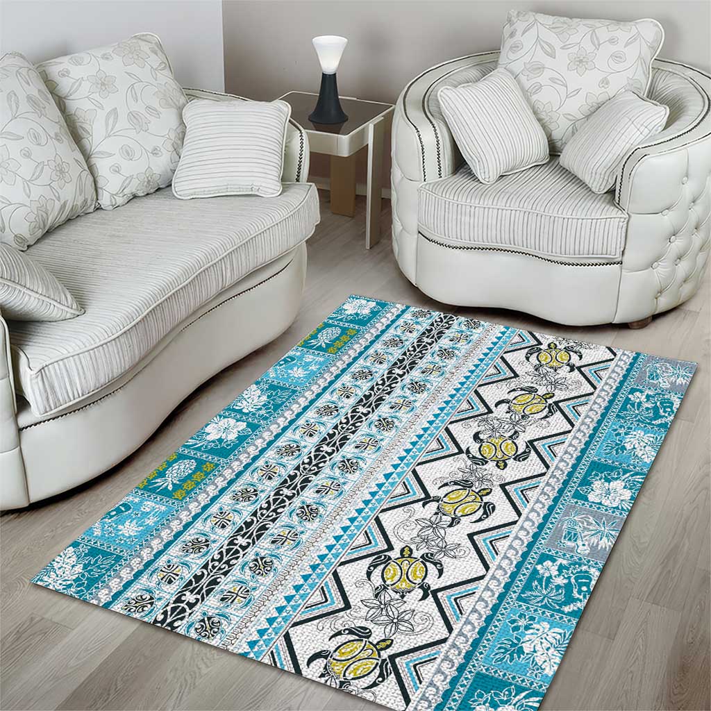 Hawaii Makahiki Turtle Area Rug Blue Tapa Pattern LT05 - Polynesian Pride