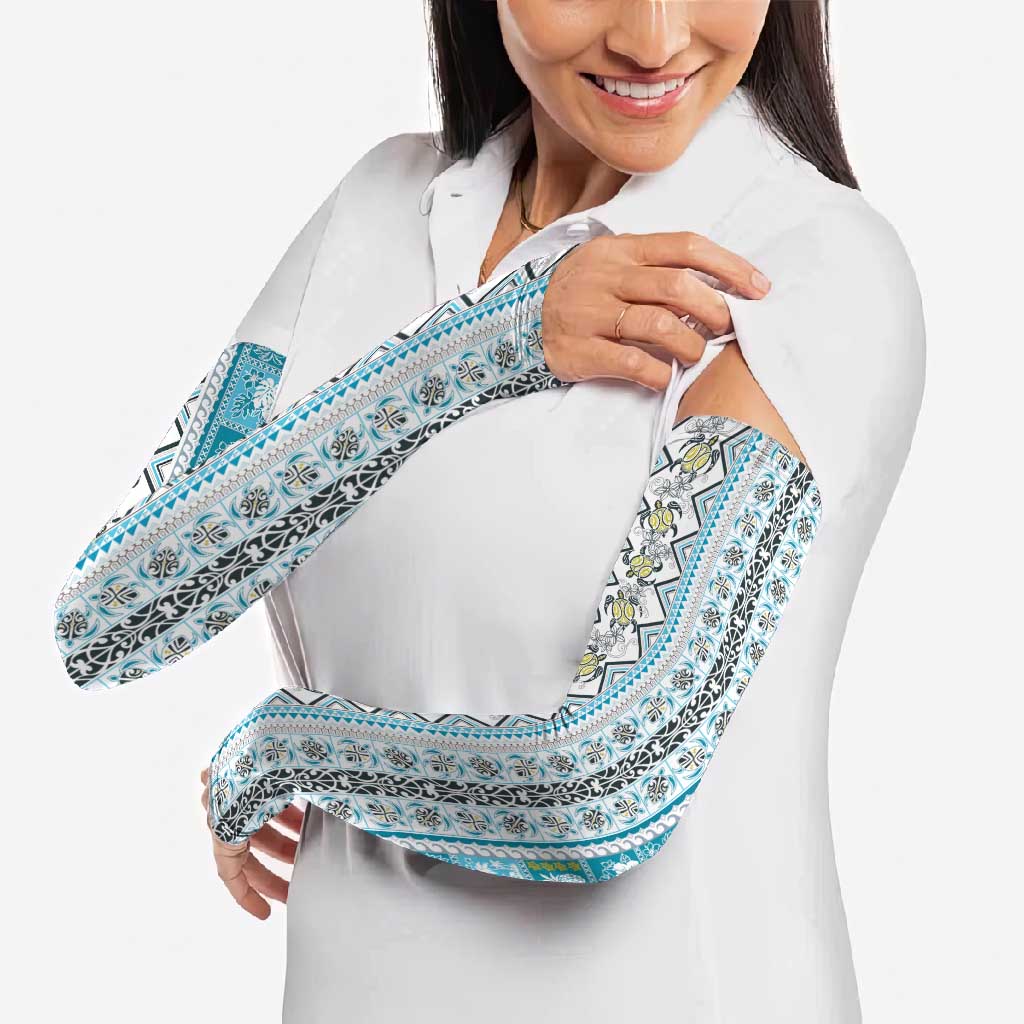 Hawaii Makahiki Turtle Arm Sleeves Blue Tapa Pattern LT05 - Polynesian Pride