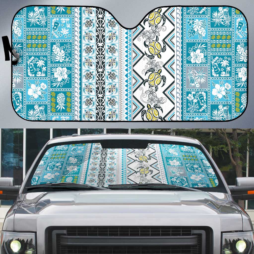 Hawaii Makahiki Turtle Auto Sun Shade Blue Tapa Pattern LT05 Blue - Polynesian Pride