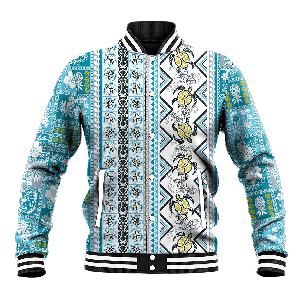 Hawaii Makahiki Turtle Baseball Jacket Blue Tapa Pattern LT05 Unisex Blue - Polynesian Pride