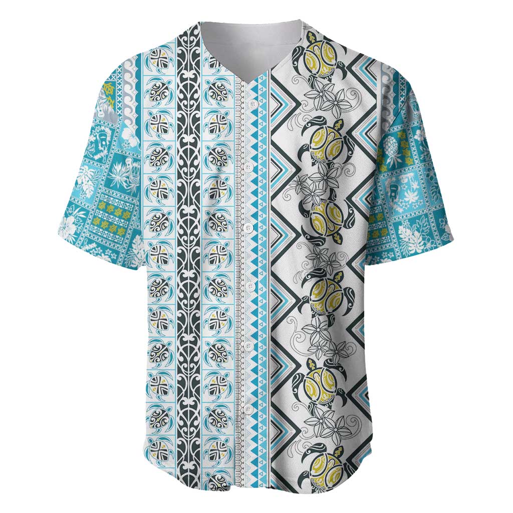 Hawaii Makahiki Turtle Baseball Jersey Blue Tapa Pattern LT05 Blue - Polynesian Pride