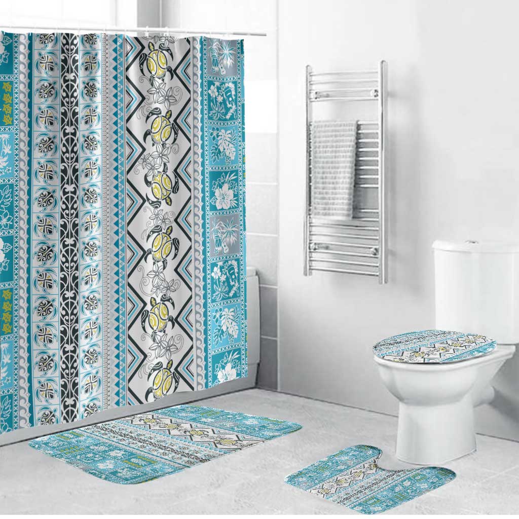 Hawaii Makahiki Turtle Bathroom Set Blue Tapa Pattern LT05 Bathroom Set (4 pcs) Blue - Polynesian Pride