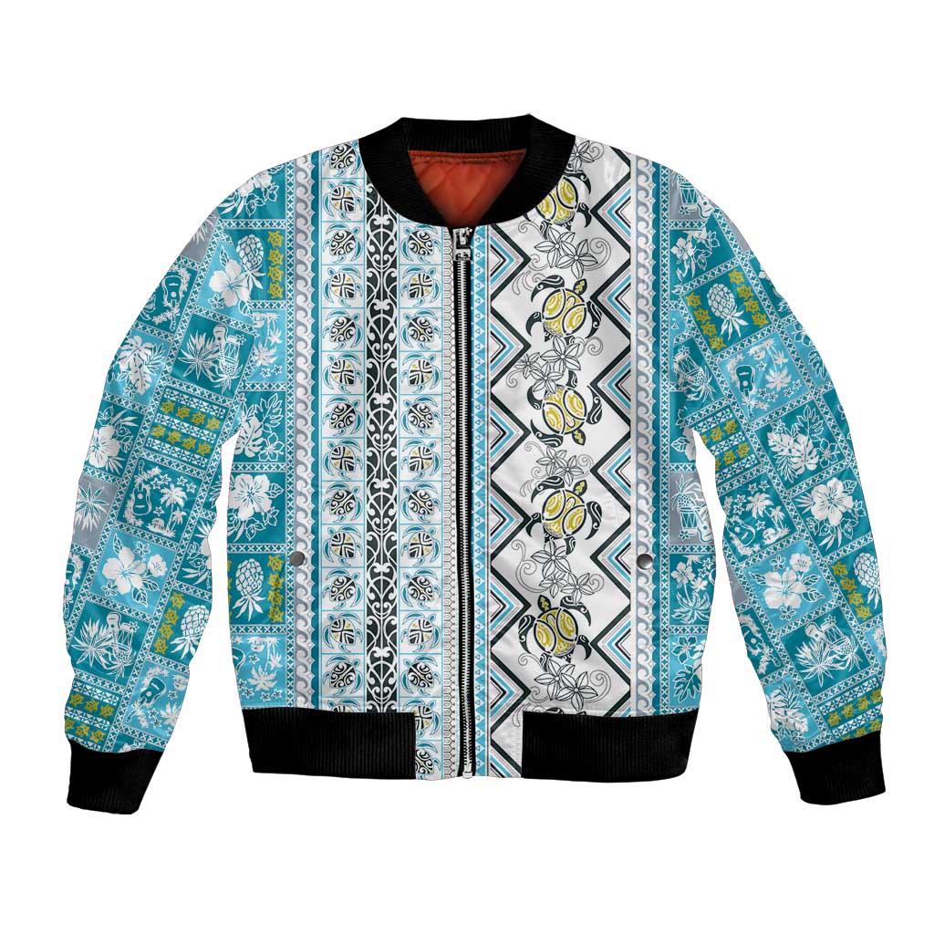 Hawaii Makahiki Turtle Bomber Jacket Blue Tapa Pattern LT05 Unisex Blue - Polynesian Pride