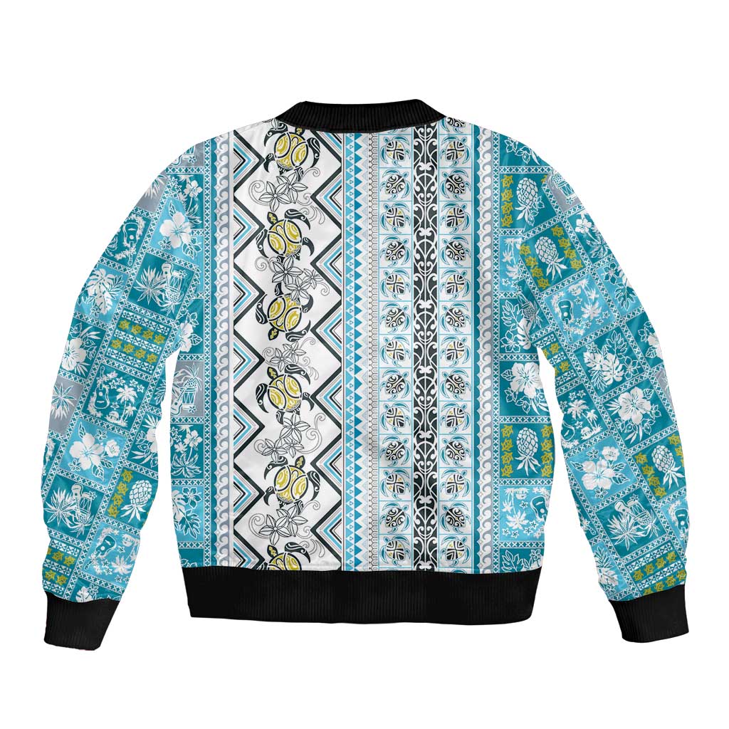 Hawaii Makahiki Turtle Bomber Jacket Blue Tapa Pattern LT05 - Polynesian Pride