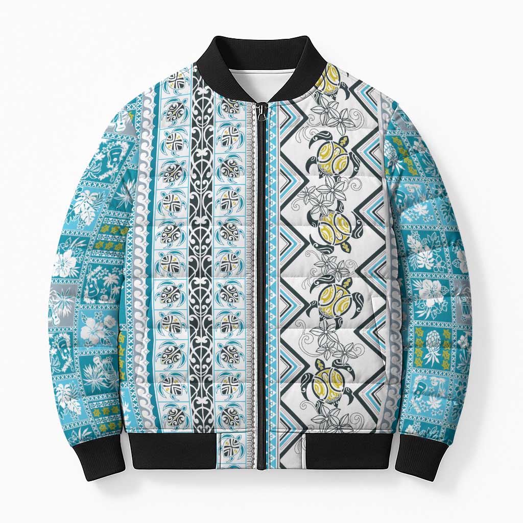 Hawaii Makahiki Turtle Bomber Puffer Jacket Blue Tapa Pattern LT05 Unisex Blue - Polynesian Pride