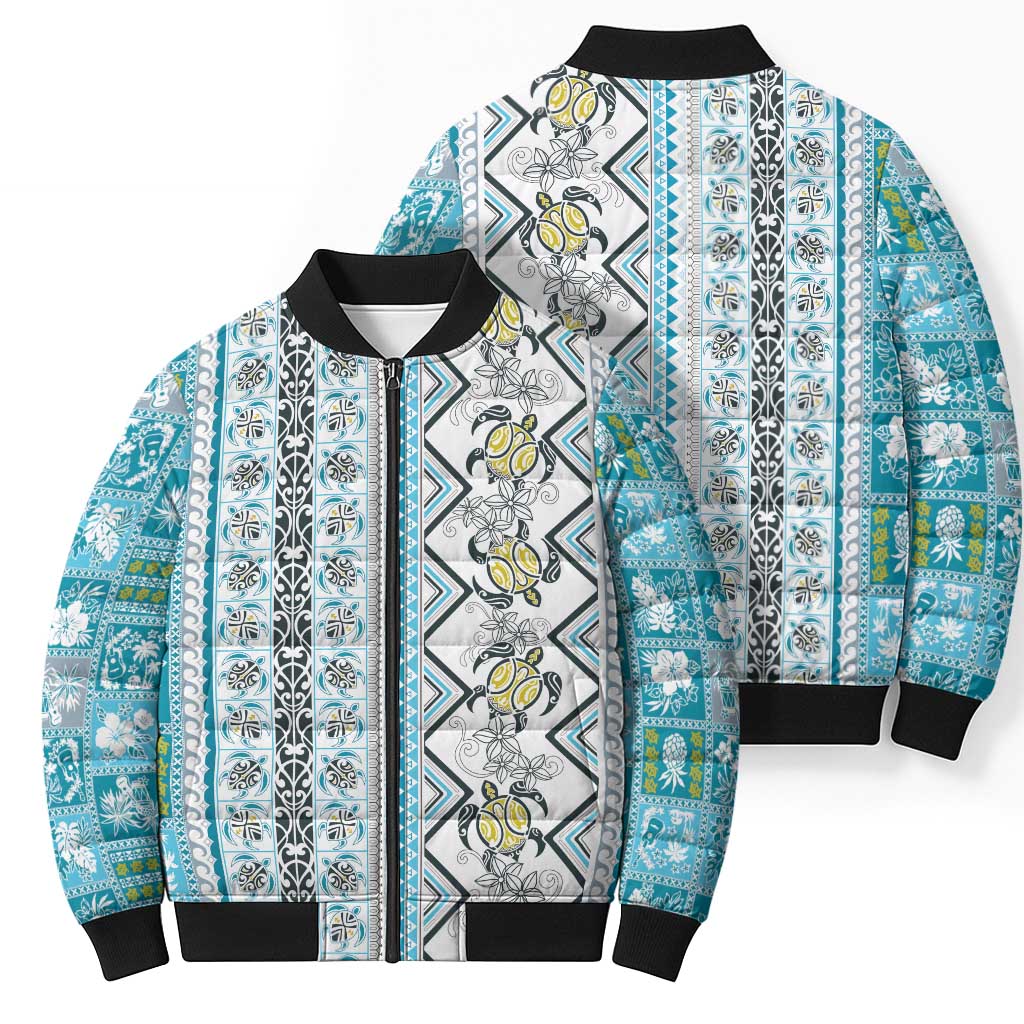 Hawaii Makahiki Turtle Bomber Puffer Jacket Blue Tapa Pattern LT05 - Polynesian Pride