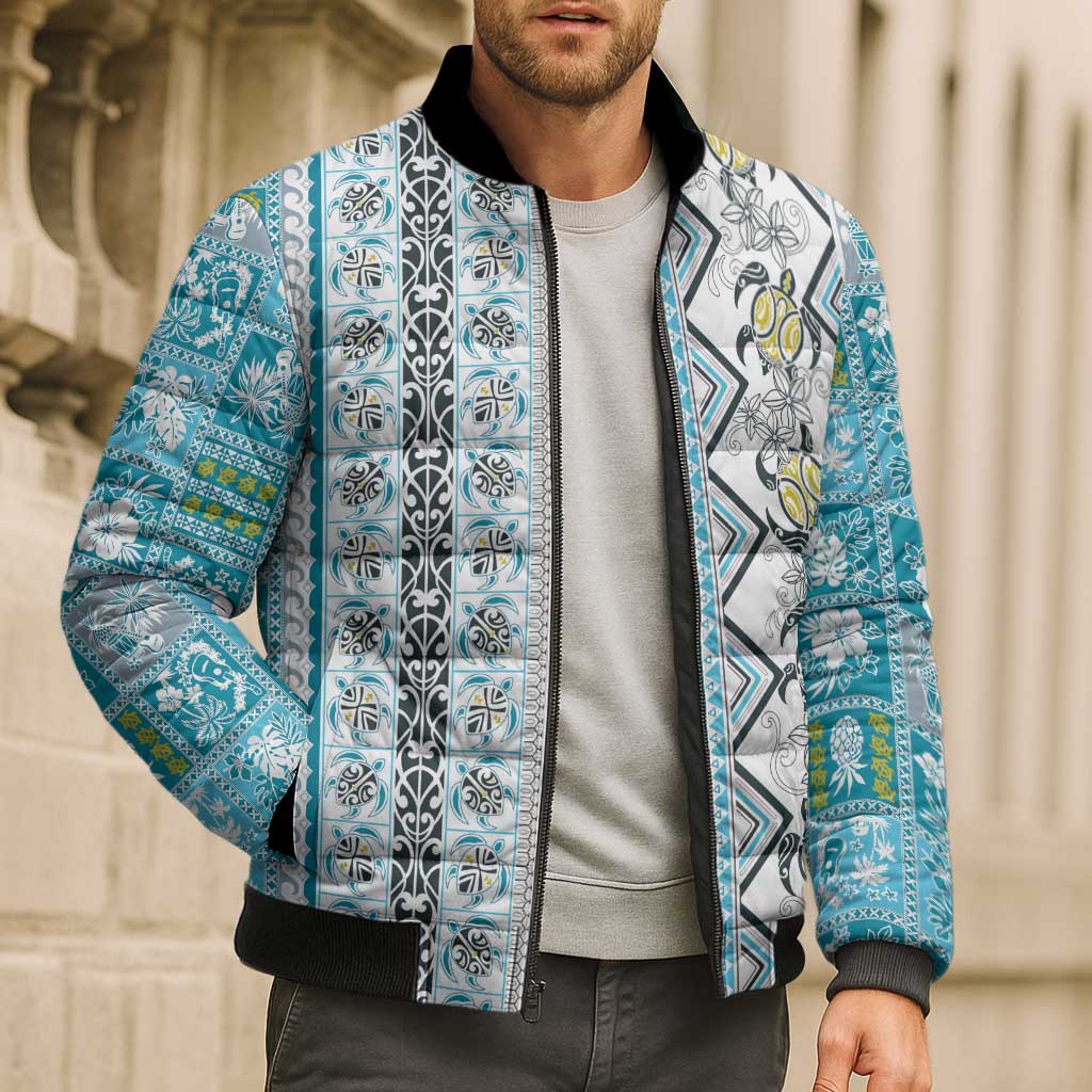 Hawaii Makahiki Turtle Bomber Puffer Jacket Blue Tapa Pattern LT05 - Polynesian Pride