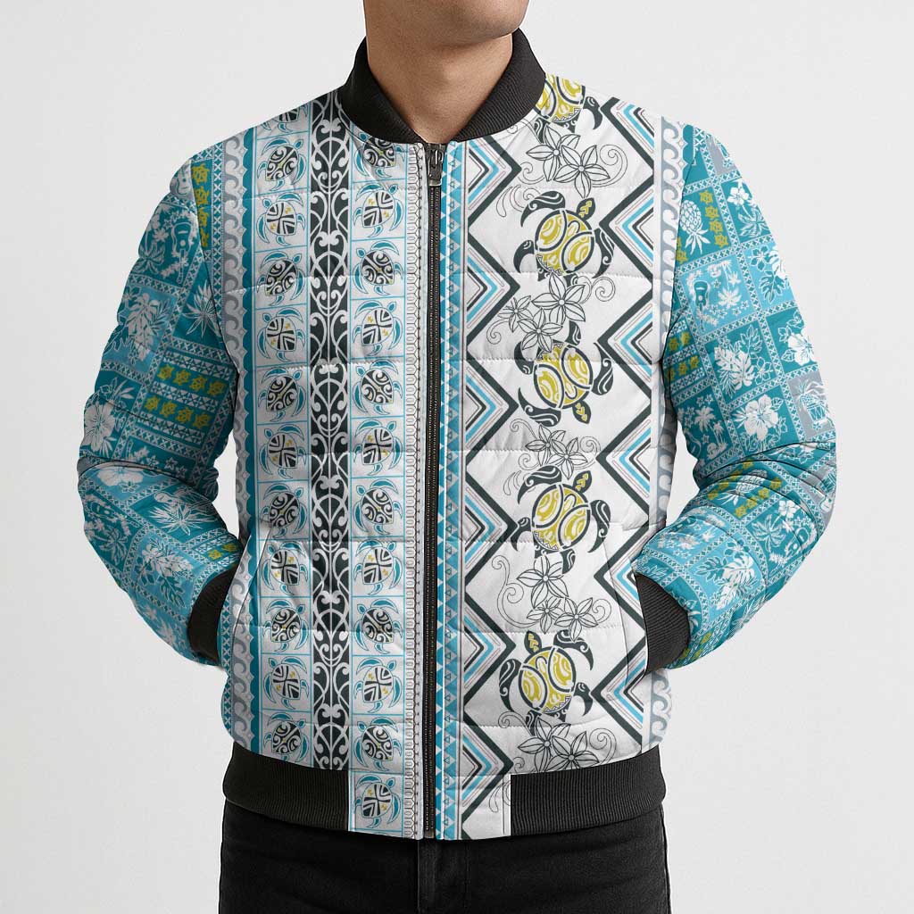 Hawaii Makahiki Turtle Bomber Puffer Jacket Blue Tapa Pattern LT05 - Polynesian Pride