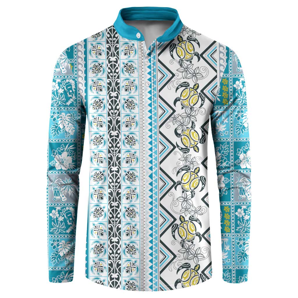 Hawaii Makahiki Turtle Button Sweatshirt Blue Tapa Pattern LT05 Blue - Polynesian Pride