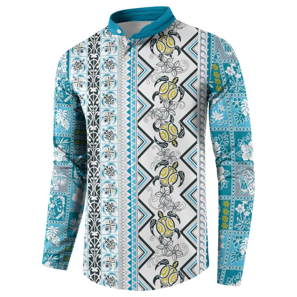 Hawaii Makahiki Turtle Button Sweatshirt Blue Tapa Pattern LT05 - Polynesian Pride
