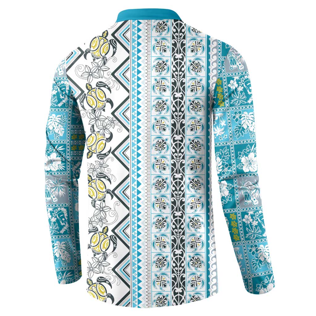 Hawaii Makahiki Turtle Button Sweatshirt Blue Tapa Pattern LT05 - Polynesian Pride
