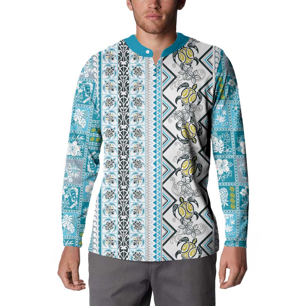 Hawaii Makahiki Turtle Button Sweatshirt Blue Tapa Pattern LT05 - Polynesian Pride