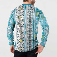 Hawaii Makahiki Turtle Button Sweatshirt Blue Tapa Pattern LT05 - Polynesian Pride