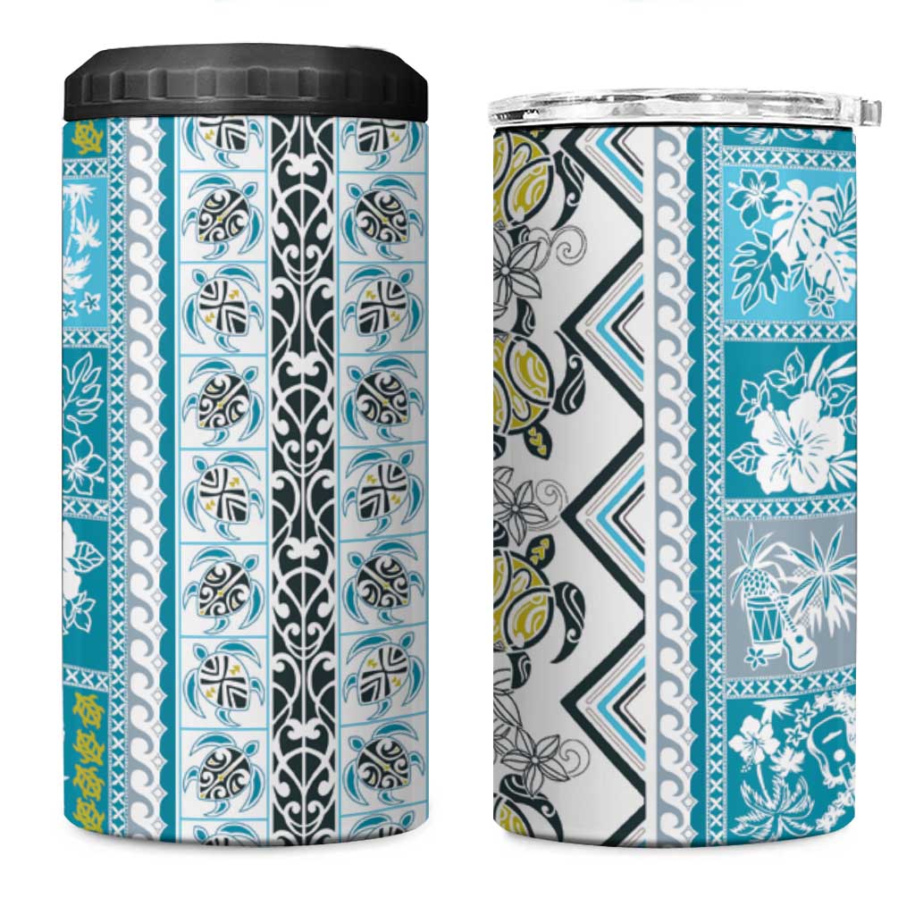 Hawaii Makahiki Turtle 4 in 1 Can Cooler Tumbler Blue Tapa Pattern LT05 One Size: 16 oz Blue - Polynesian Pride