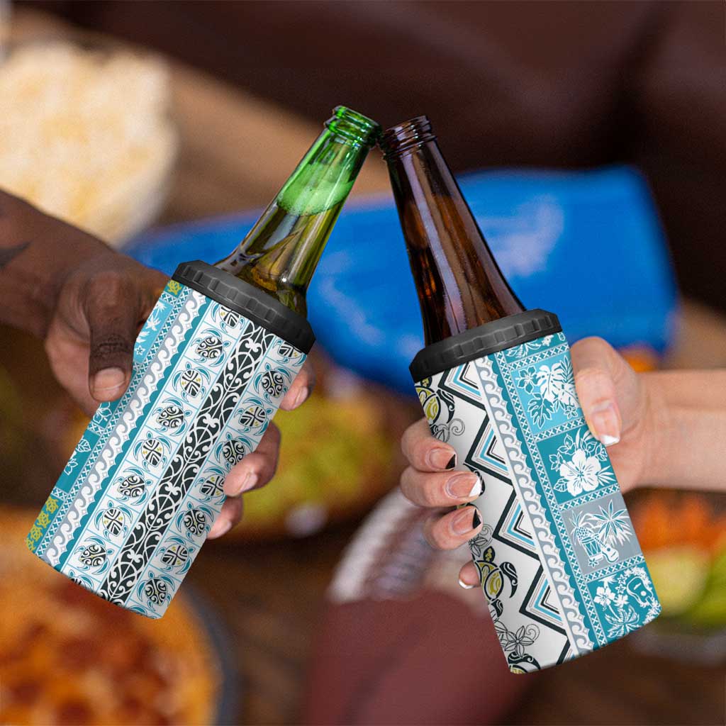 Hawaii Makahiki Turtle 4 in 1 Can Cooler Tumbler Blue Tapa Pattern LT05 - Polynesian Pride