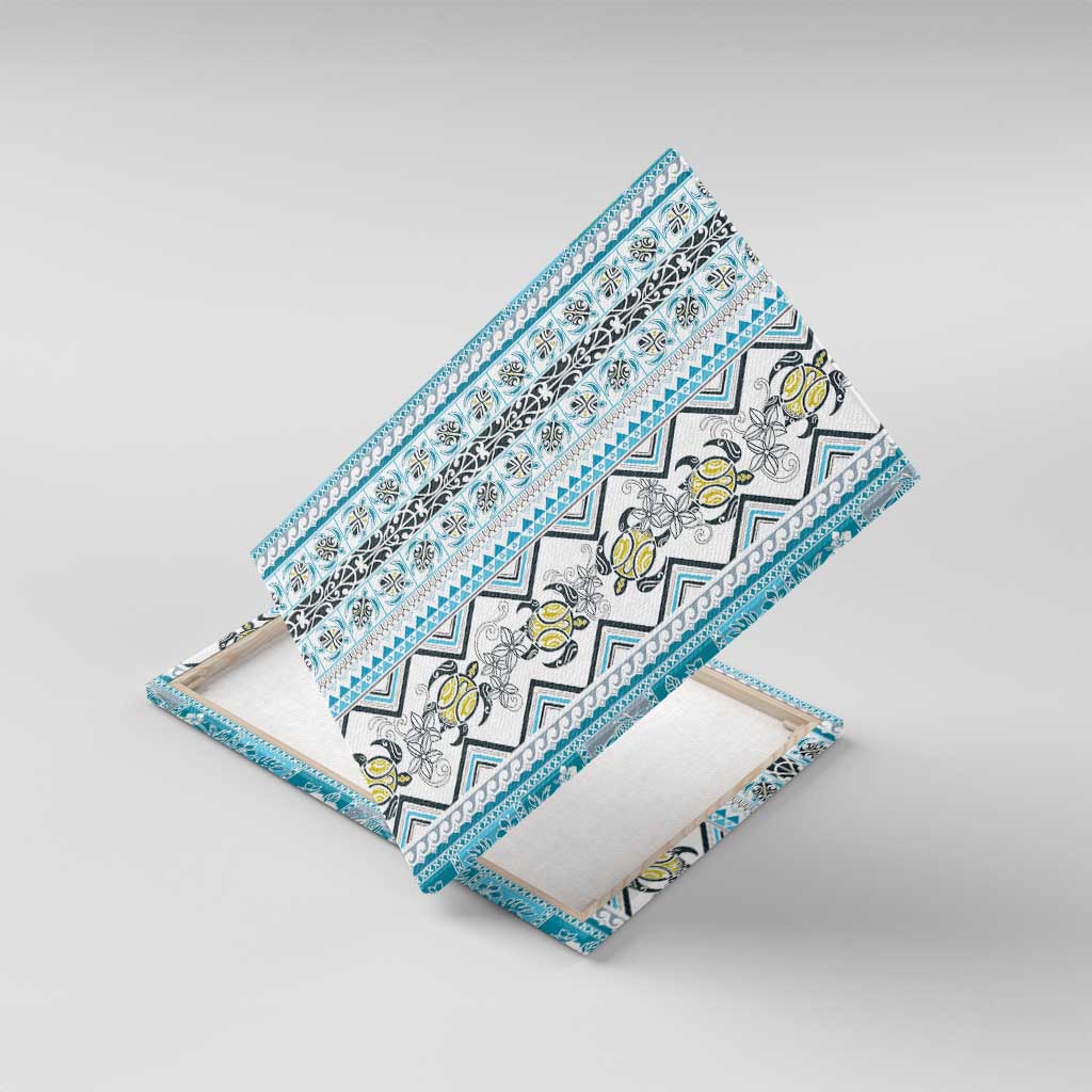 Hawaii Makahiki Turtle Canvas Wall Art Blue Tapa Pattern LT05 With Frame Blue - Polynesian Pride