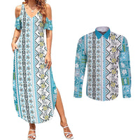 Hawaii Makahiki Turtle Couples Matching Summer Maxi Dress and Long Sleeve Button Shirt Blue Tapa Pattern LT05 Blue - Polynesian Pride