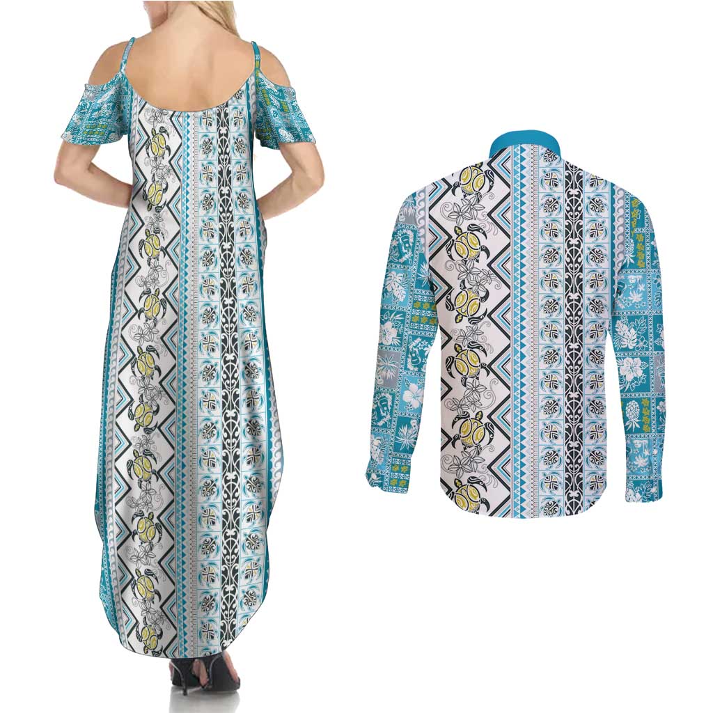 Hawaii Makahiki Turtle Couples Matching Summer Maxi Dress and Long Sleeve Button Shirt Blue Tapa Pattern LT05 - Polynesian Pride