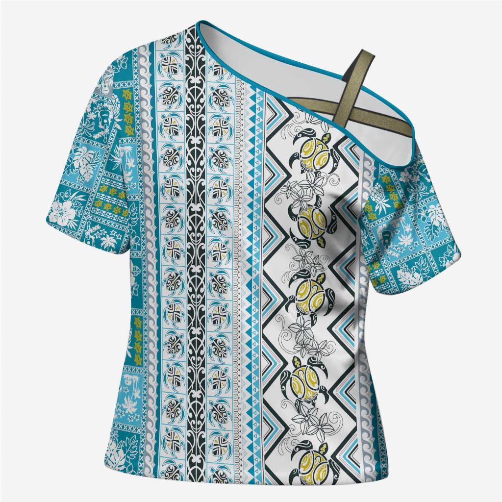Hawaii Makahiki Turtle Cross Shoulder Shirt Blue Tapa Pattern LT05 Female Blue - Polynesian Pride