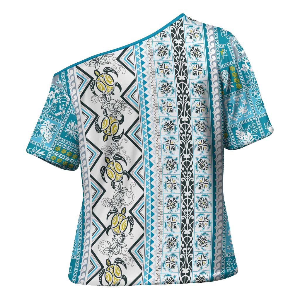 Hawaii Makahiki Turtle Cross Shoulder Shirt Blue Tapa Pattern LT05 - Polynesian Pride