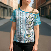 Hawaii Makahiki Turtle Cross Shoulder Shirt Blue Tapa Pattern LT05 - Polynesian Pride