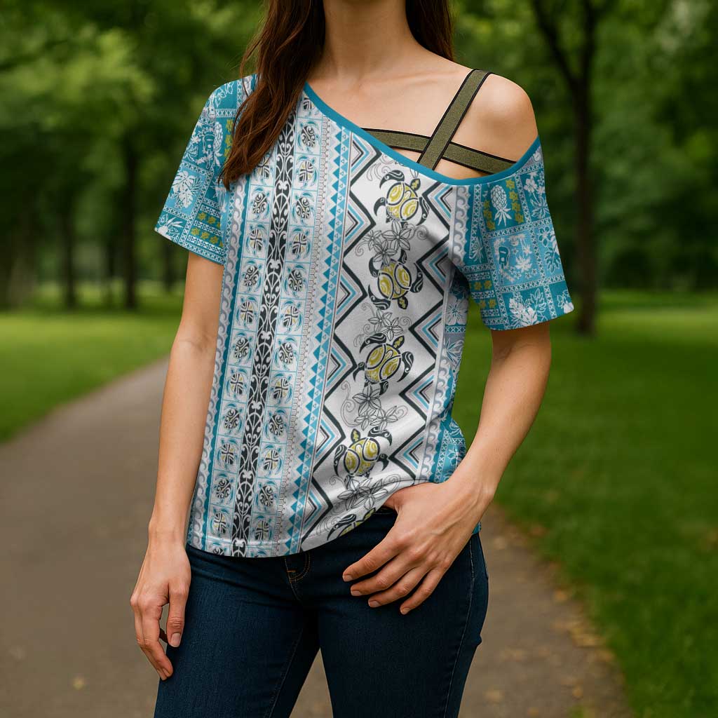 Hawaii Makahiki Turtle Cross Shoulder Shirt Blue Tapa Pattern LT05 - Polynesian Pride
