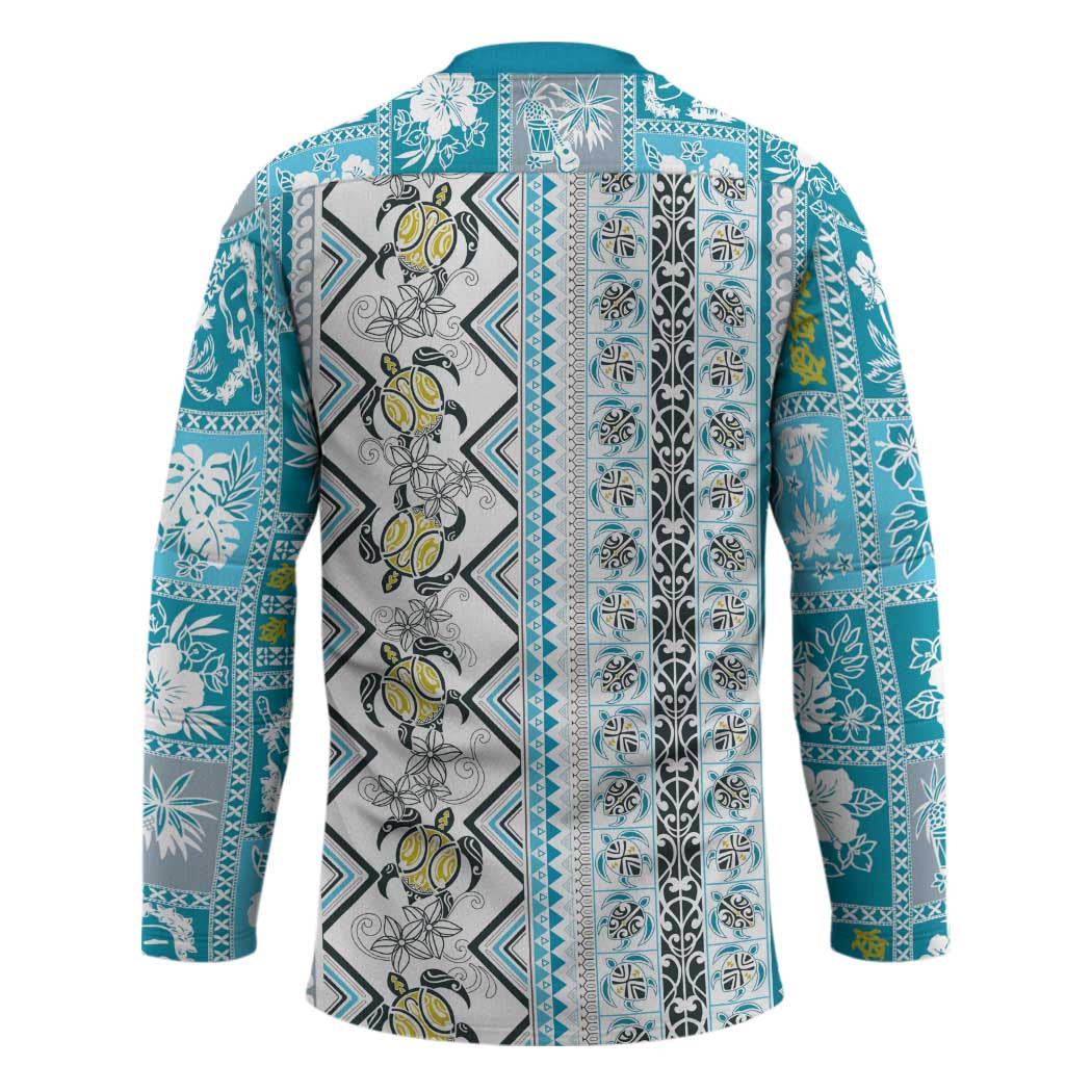 Hawaii Makahiki Turtle Hockey Jersey Blue Tapa Pattern LT05 - Polynesian Pride