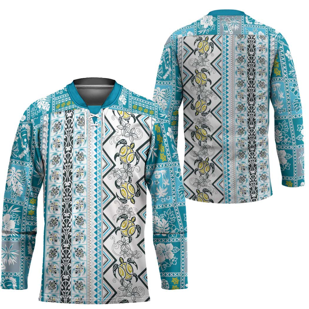 Hawaii Makahiki Turtle Hockey Jersey Blue Tapa Pattern LT05 - Polynesian Pride