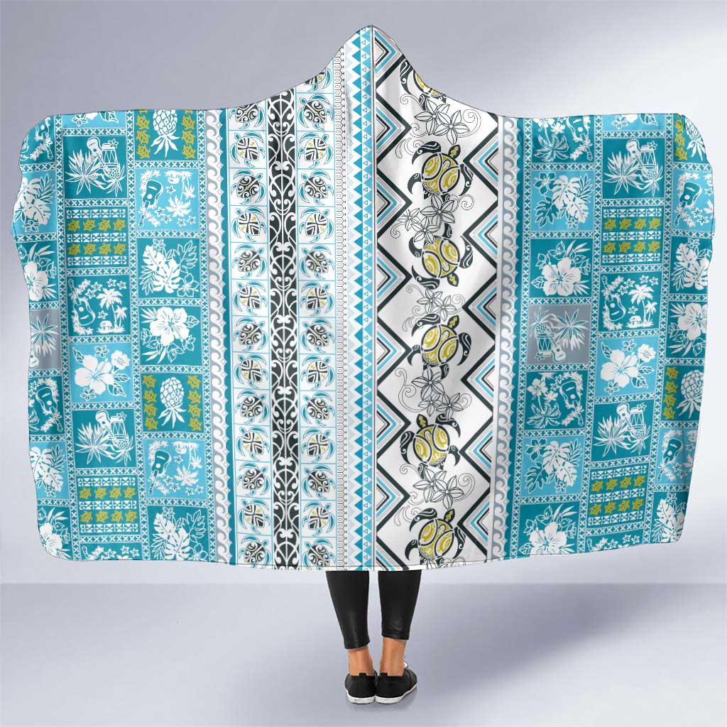 Hawaii Makahiki Turtle Hooded Blanket Blue Tapa Pattern LT05 One Size Blue - Polynesian Pride
