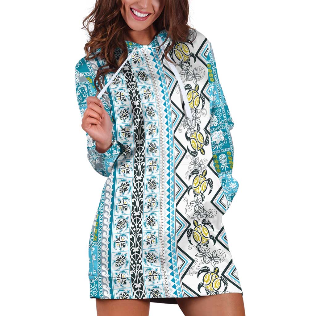 Hawaii Makahiki Turtle Hoodie Dress Blue Tapa Pattern LT05 Blue - Polynesian Pride