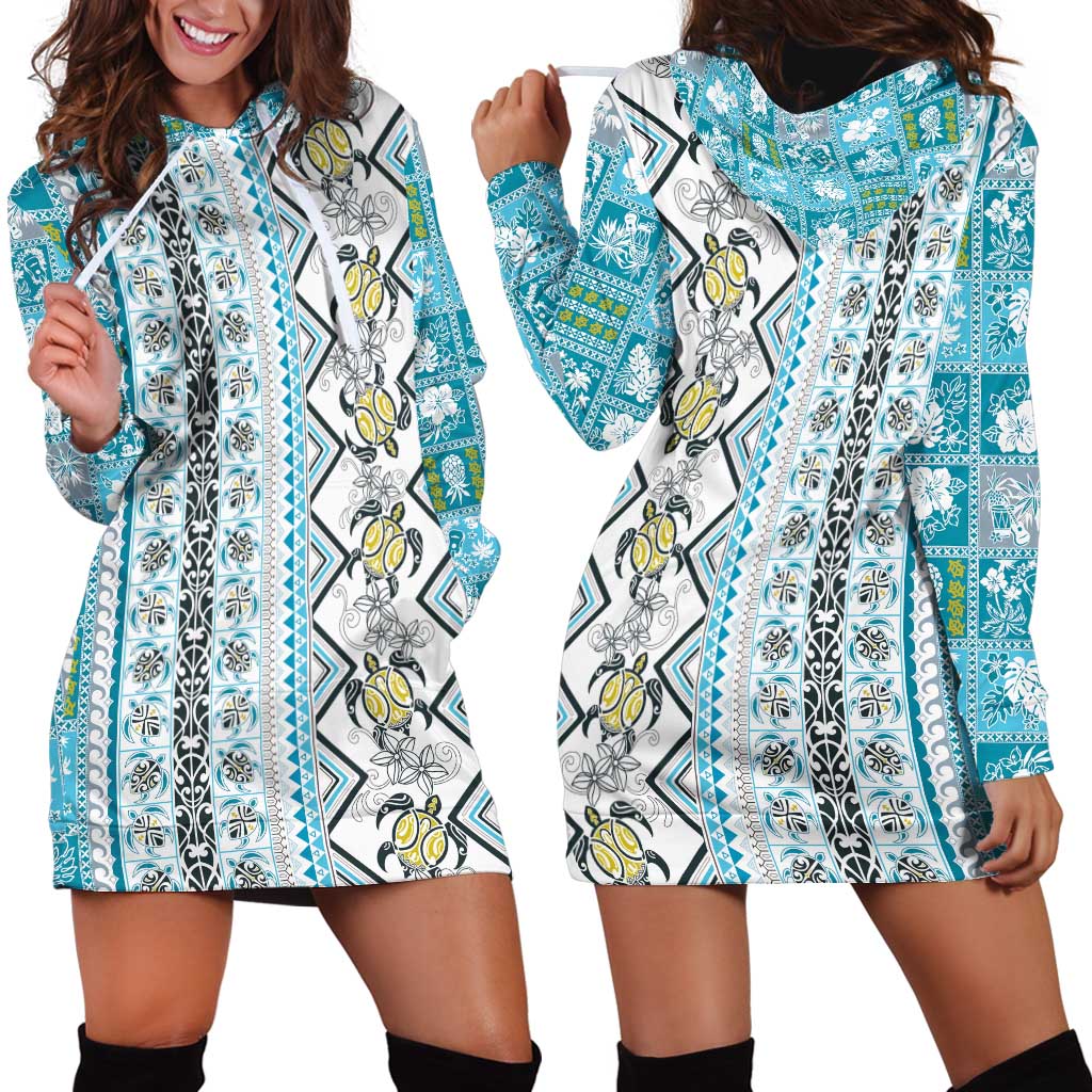 Hawaii Makahiki Turtle Hoodie Dress Blue Tapa Pattern LT05 - Polynesian Pride