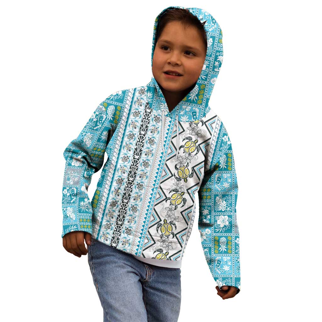 Hawaii Makahiki Turtle Kid Hoodie Blue Tapa Pattern LT05 - Polynesian Pride