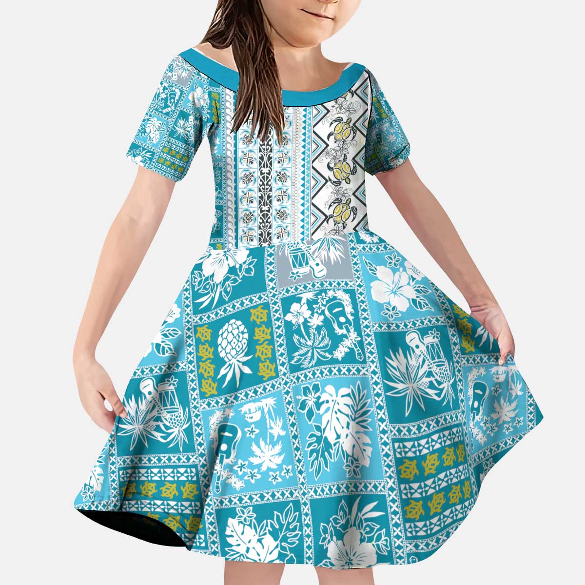 Hawaii Makahiki Turtle Kid Short Sleeve Dress Blue Tapa Pattern LT05 KID Blue - Polynesian Pride