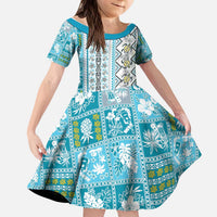 Hawaii Makahiki Turtle Kid Short Sleeve Dress Blue Tapa Pattern LT05 KID Blue - Polynesian Pride
