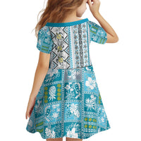 Hawaii Makahiki Turtle Kid Short Sleeve Dress Blue Tapa Pattern LT05 - Polynesian Pride