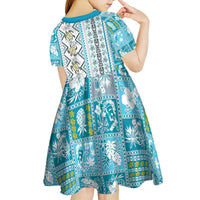 Hawaii Makahiki Turtle Kid Short Sleeve Dress Blue Tapa Pattern LT05 - Polynesian Pride
