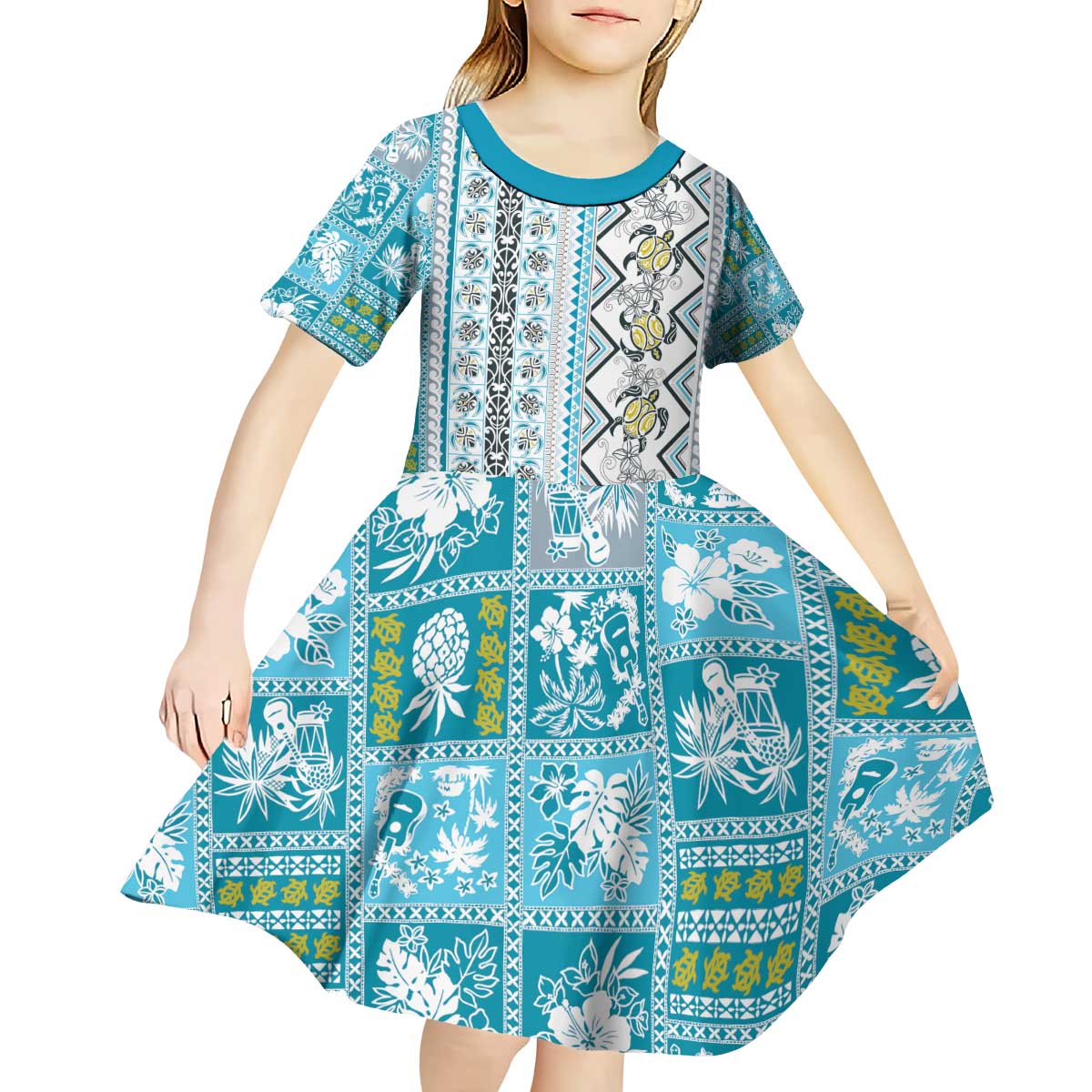Hawaii Makahiki Turtle Kid Short Sleeve Dress Blue Tapa Pattern LT05 - Polynesian Pride