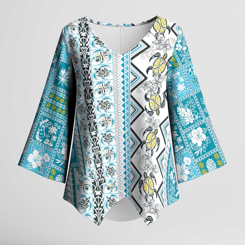 Hawaii Makahiki Turtle Kimono Sleeve Blouse Blue Tapa Pattern LT05 Female Blue - Polynesian Pride