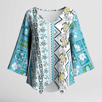 Hawaii Makahiki Turtle Kimono Sleeve Blouse Blue Tapa Pattern LT05 Female Blue - Polynesian Pride