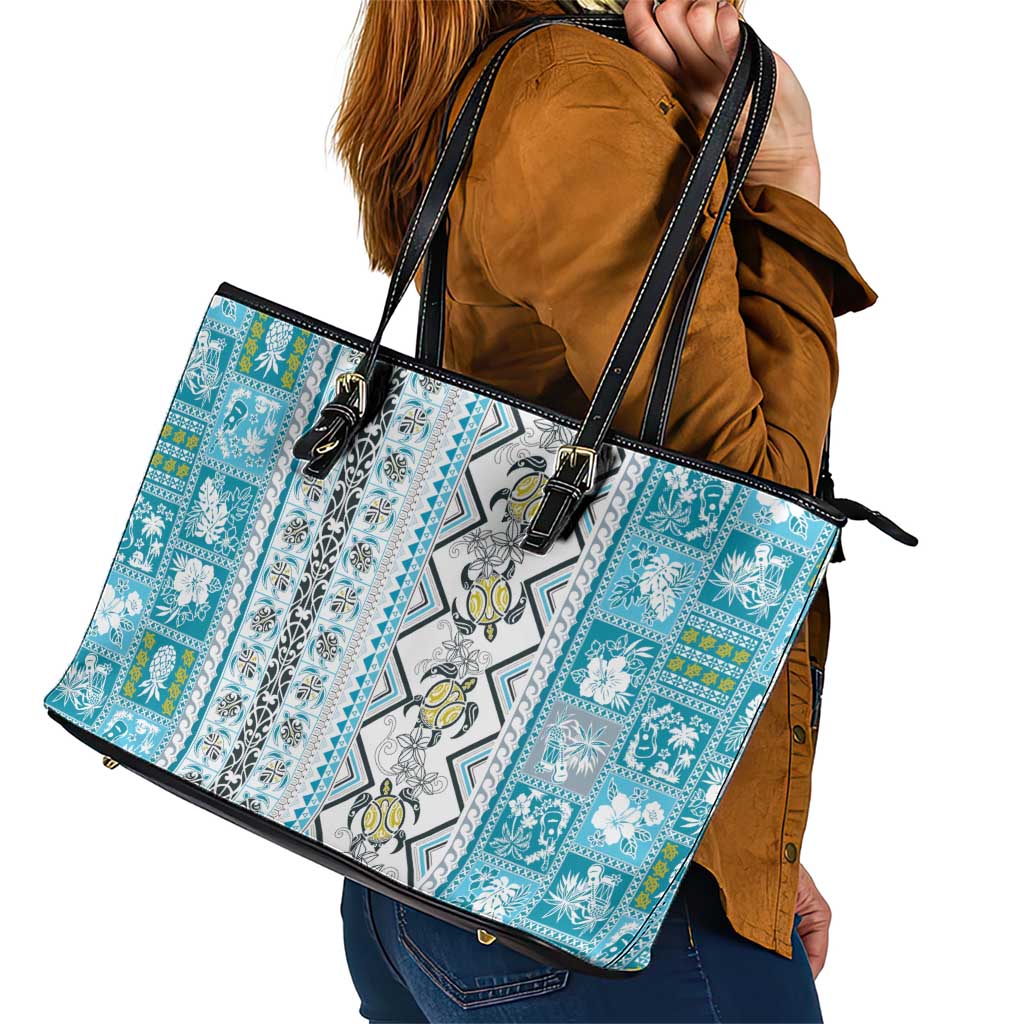Hawaii Makahiki Turtle Leather Tote Bag Blue Tapa Pattern LT05 - Polynesian Pride