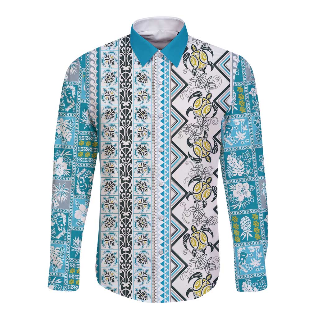 Hawaii Makahiki Turtle Long Sleeve Button Shirt Blue Tapa Pattern LT05 Unisex Blue - Polynesian Pride