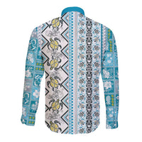 Hawaii Makahiki Turtle Long Sleeve Button Shirt Blue Tapa Pattern LT05 - Polynesian Pride