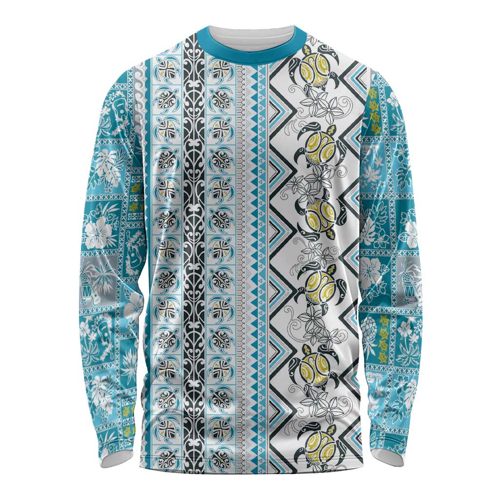 Hawaii Makahiki Turtle Long Sleeve Shirt Blue Tapa Pattern LT05 Unisex Blue - Polynesian Pride