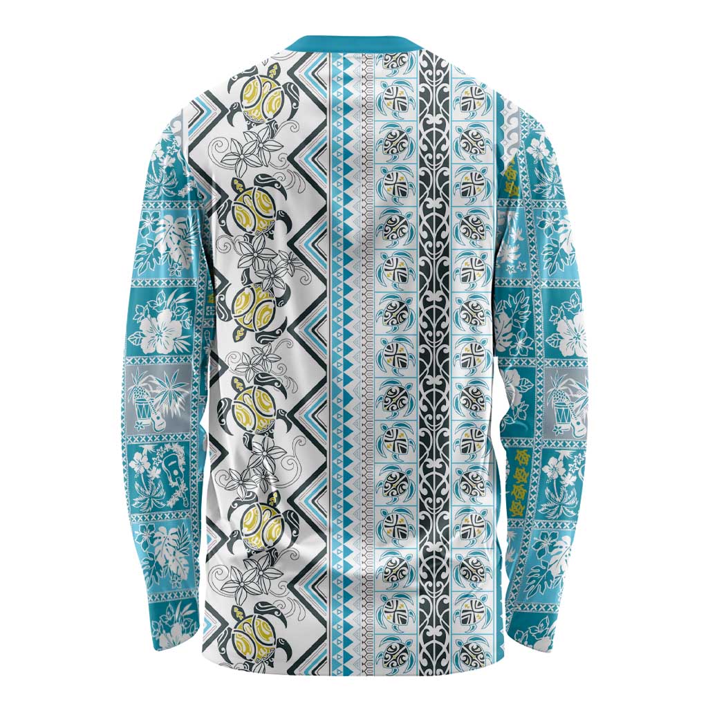 Hawaii Makahiki Turtle Long Sleeve Shirt Blue Tapa Pattern LT05 - Polynesian Pride