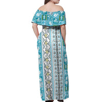 Hawaii Makahiki Turtle Off Shoulder Maxi Dress Blue Tapa Pattern LT05 - Polynesian Pride