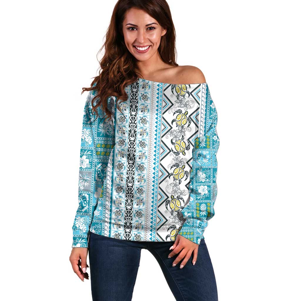 Hawaii Makahiki Turtle Off Shoulder Sweater Blue Tapa Pattern LT05 Women Blue - Polynesian Pride