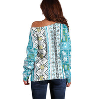 Hawaii Makahiki Turtle Off Shoulder Sweater Blue Tapa Pattern LT05 - Polynesian Pride